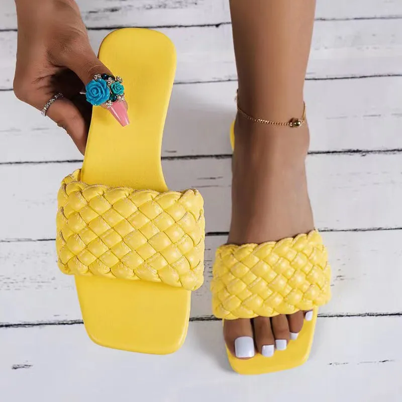 Beach woven strap slide sandals candy color peep toe flat sandals