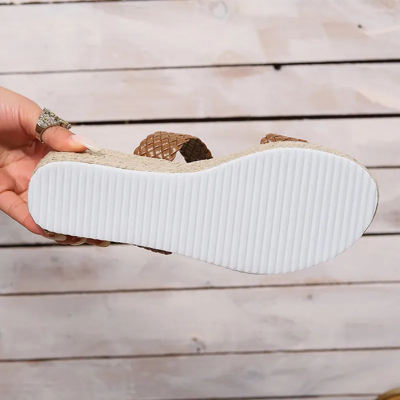 Braided 2 bands chunky platform espadrille wedge slides