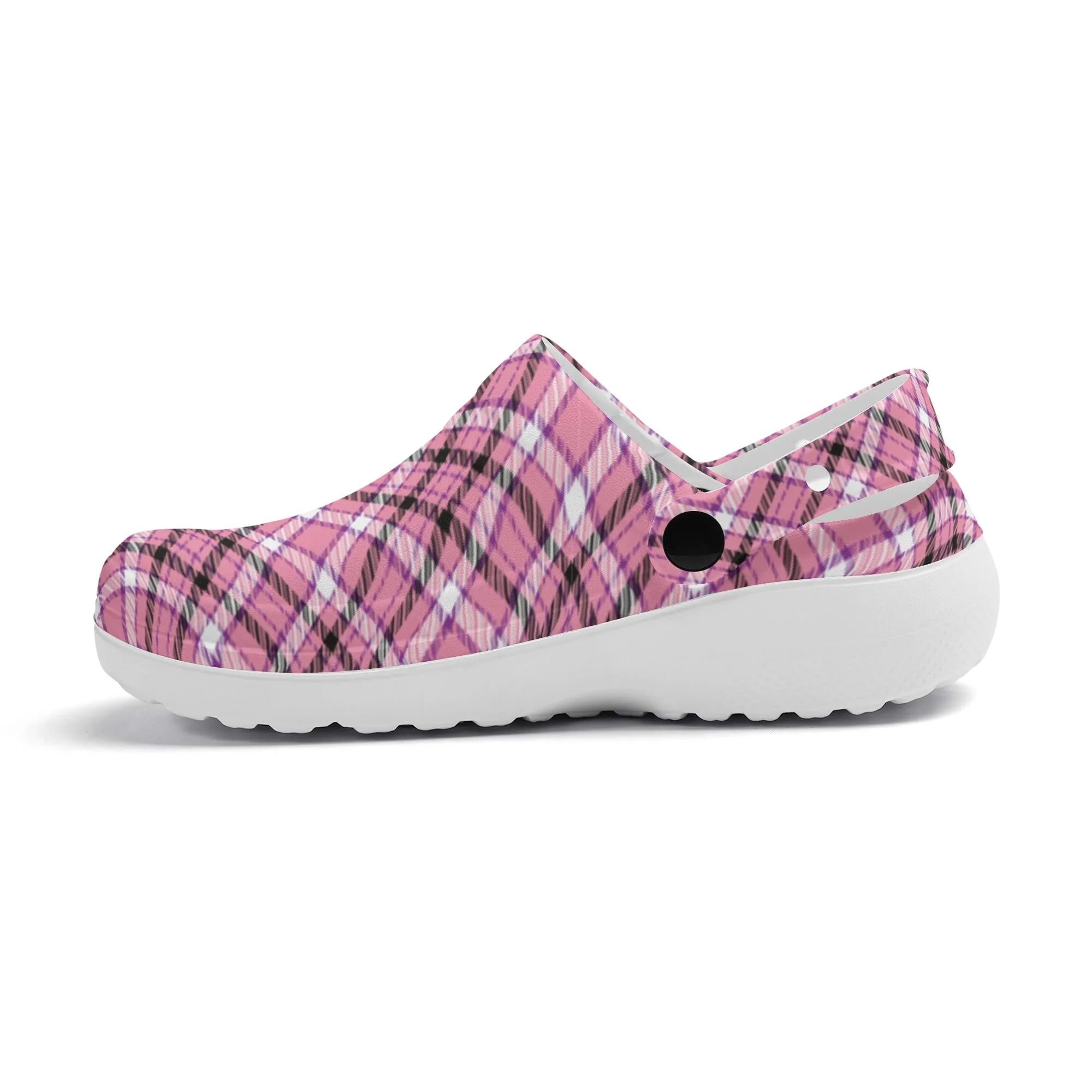 Chic Contrast: Pink & Black Argyle Plaid Pattern Design Casual Lightweight Slip On Nurse Style Clogs