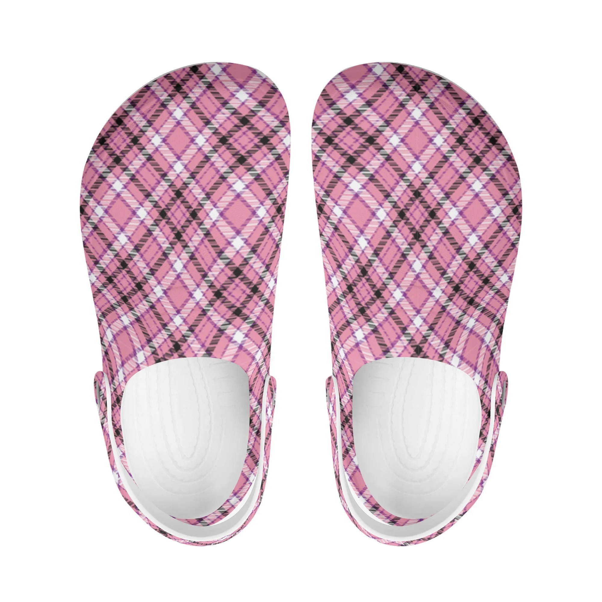 Chic Contrast: Pink & Black Argyle Plaid Pattern Design Casual Lightweight Slip On Nurse Style Clogs