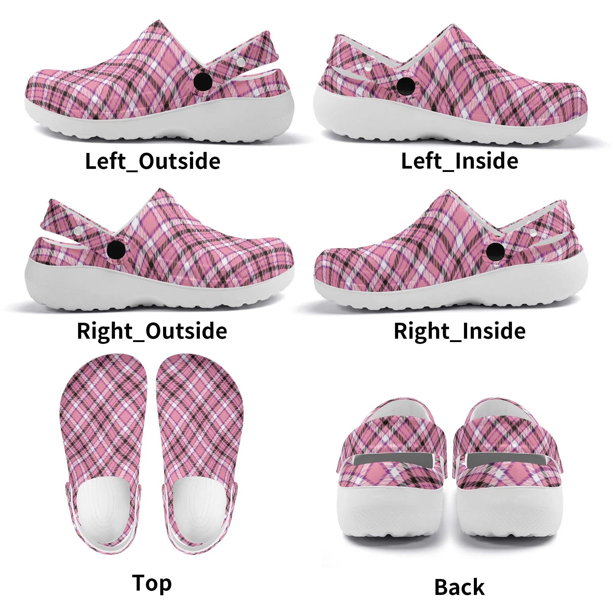 Chic Contrast: Pink & Black Argyle Plaid Pattern Design Casual Lightweight Slip On Nurse Style Clogs