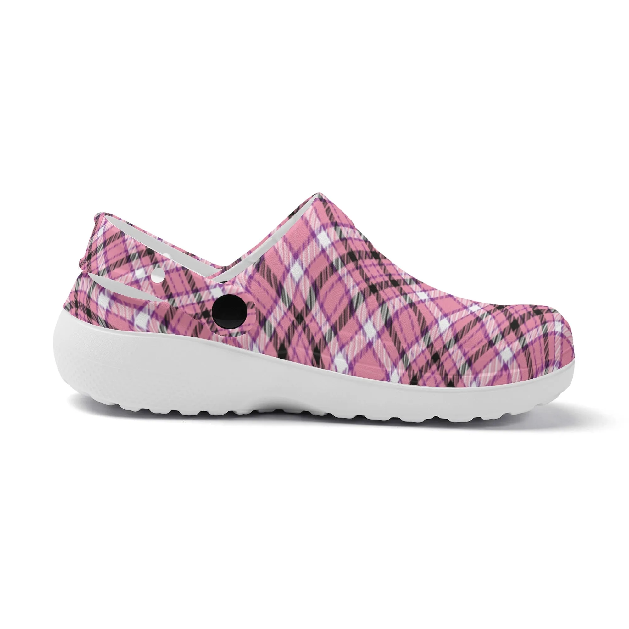 Chic Contrast: Pink & Black Argyle Plaid Pattern Design Casual Lightweight Slip On Nurse Style Clogs