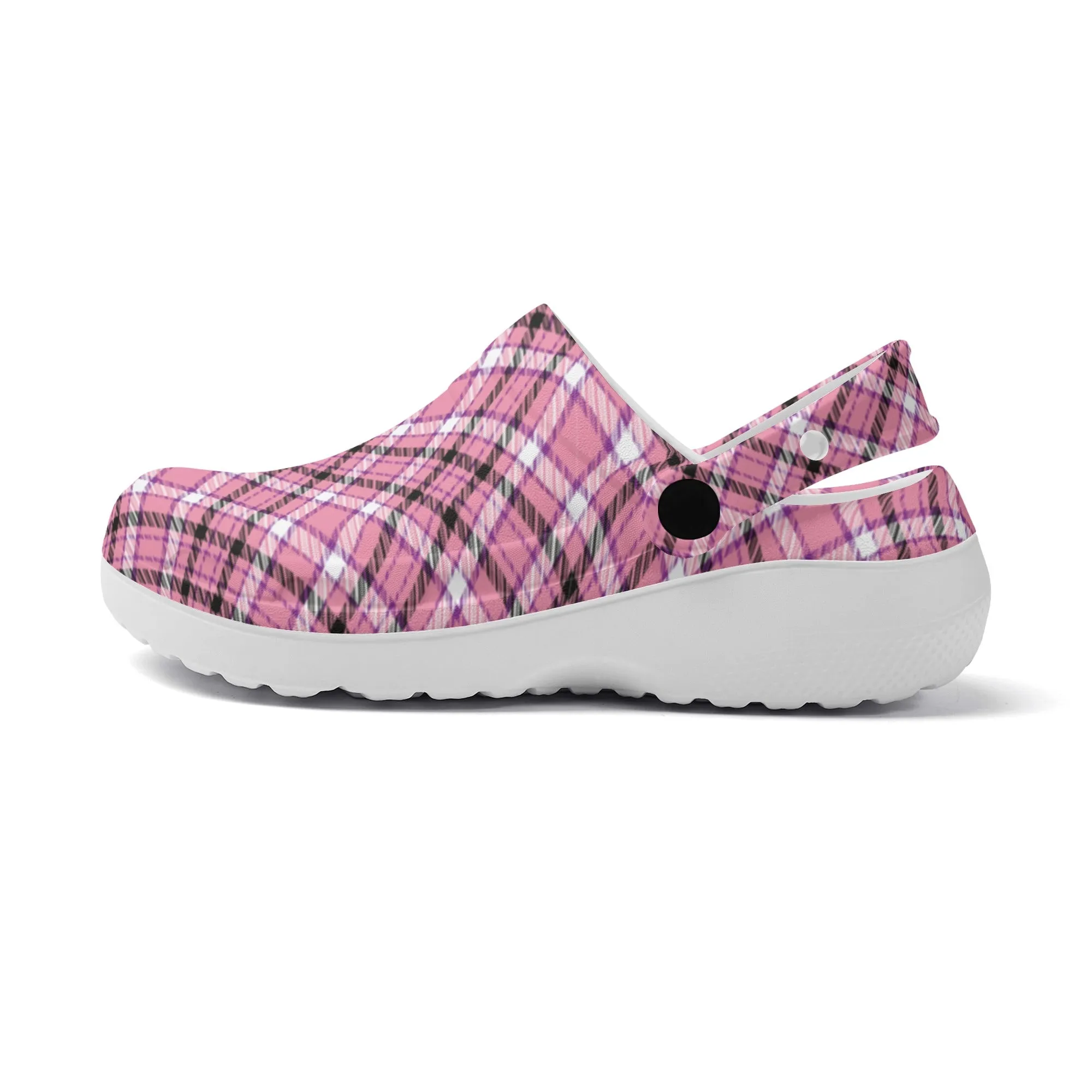 Chic Contrast: Pink & Black Argyle Plaid Pattern Design Casual Lightweight Slip On Nurse Style Clogs