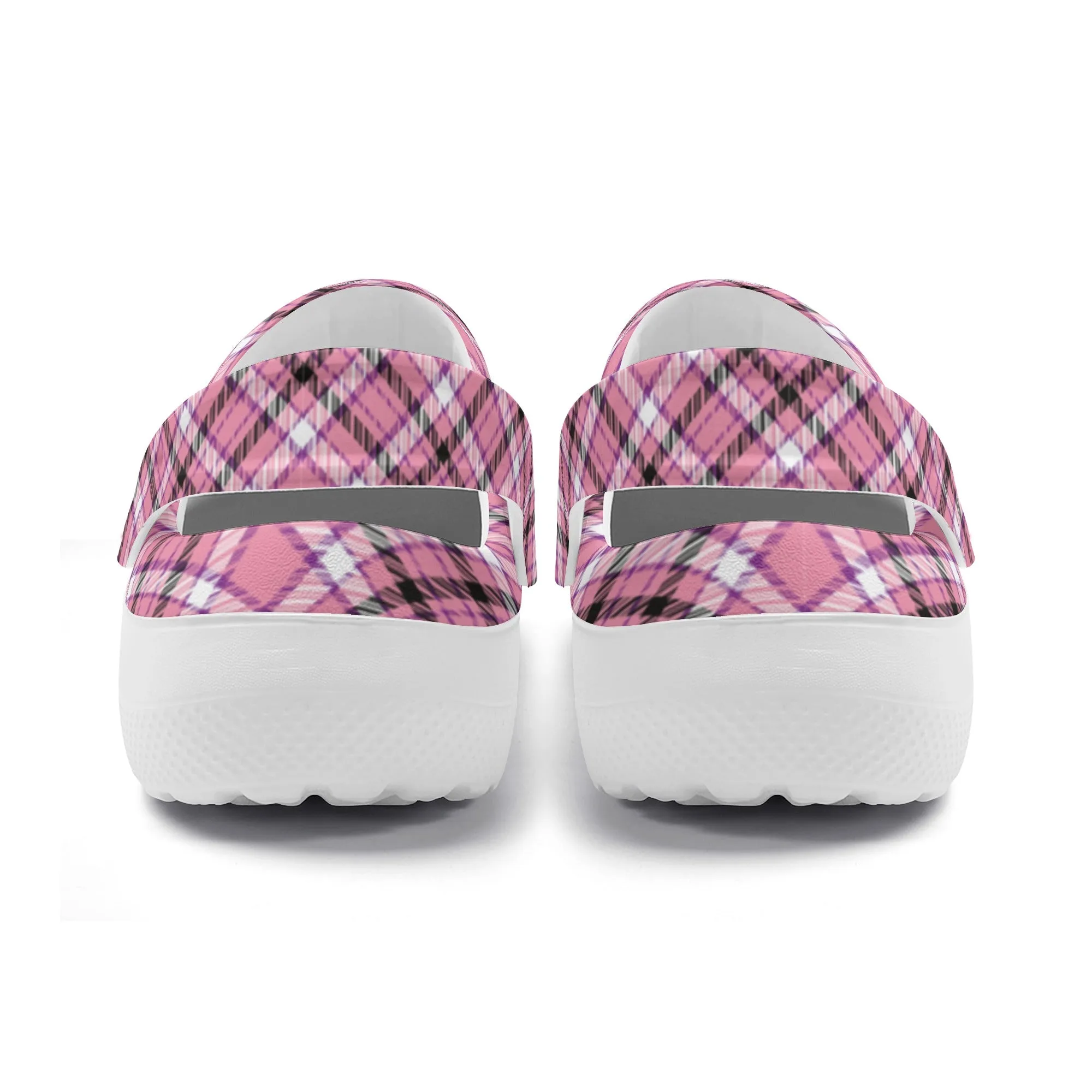 Chic Contrast: Pink & Black Argyle Plaid Pattern Design Casual Lightweight Slip On Nurse Style Clogs