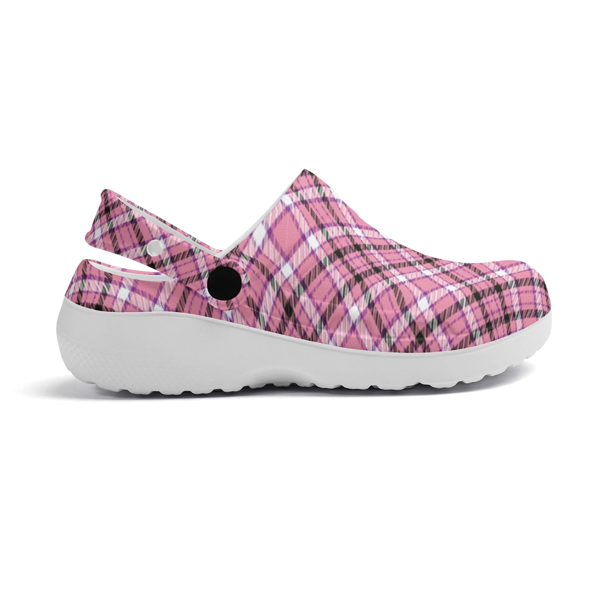 Chic Contrast: Pink & Black Argyle Plaid Pattern Design Casual Lightweight Slip On Nurse Style Clogs