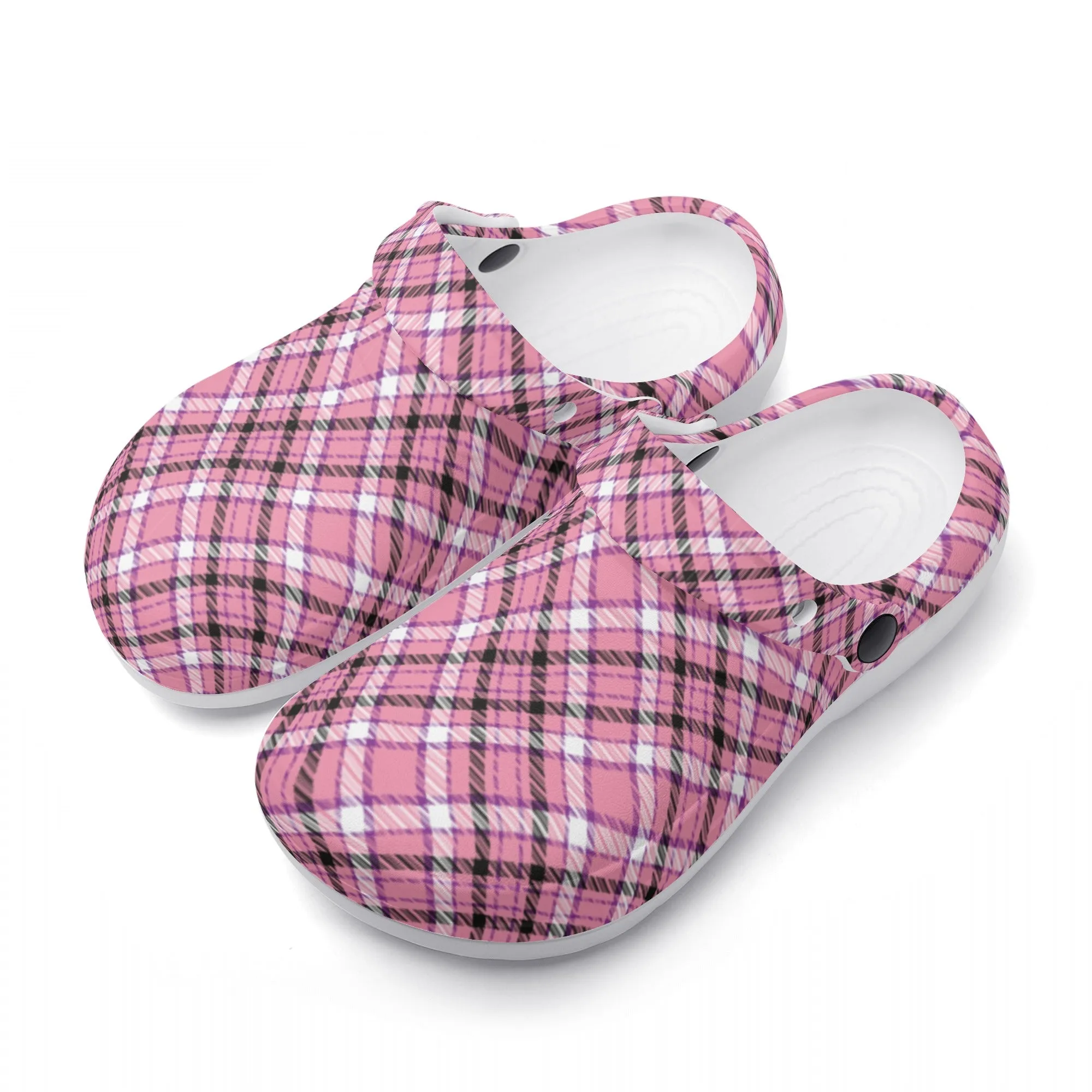 Chic Contrast: Pink & Black Argyle Plaid Pattern Design Casual Lightweight Slip On Nurse Style Clogs