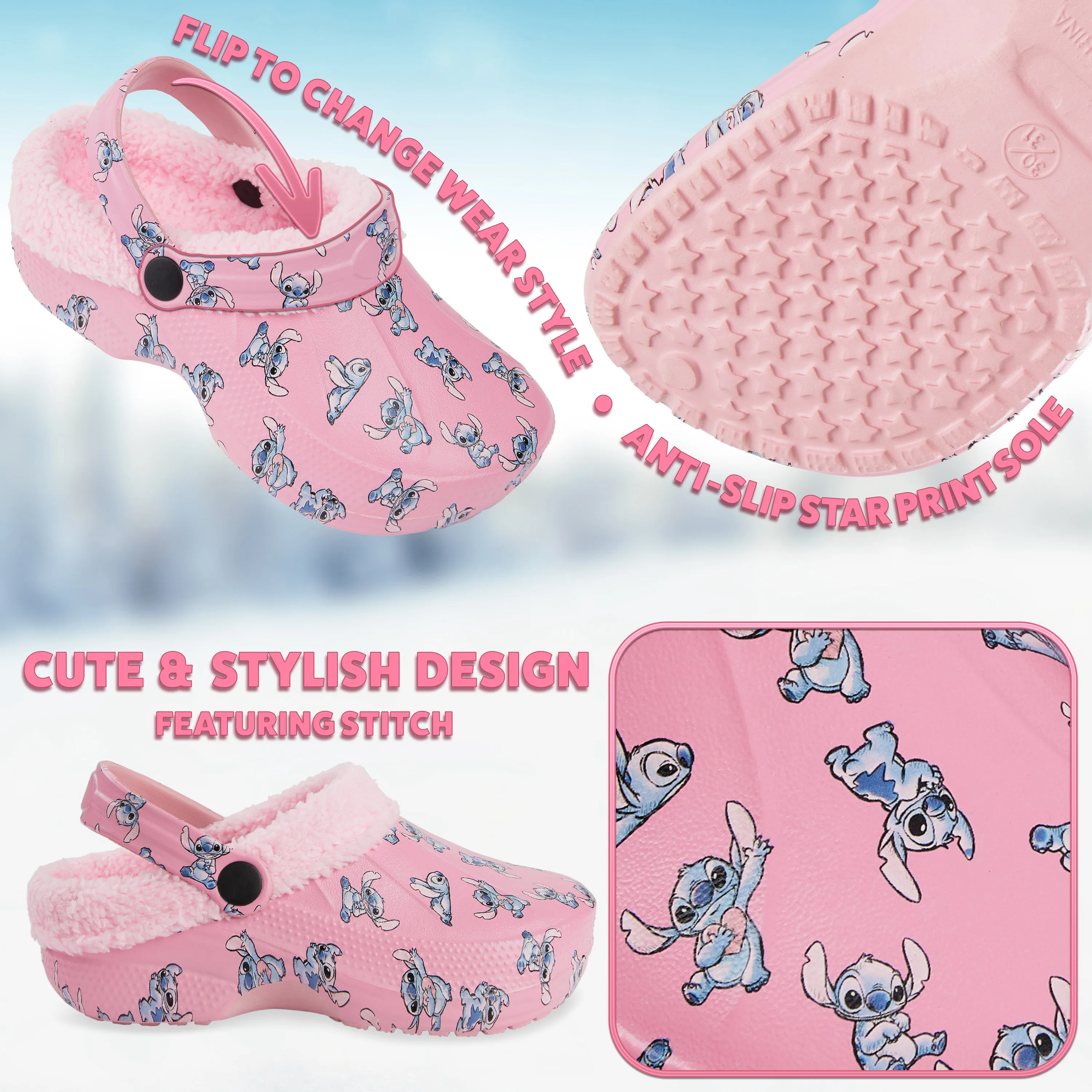 Disney Stitch Winter Clogs Fleece Lining & Removable Charms, Kids Garden Shoes Slip On