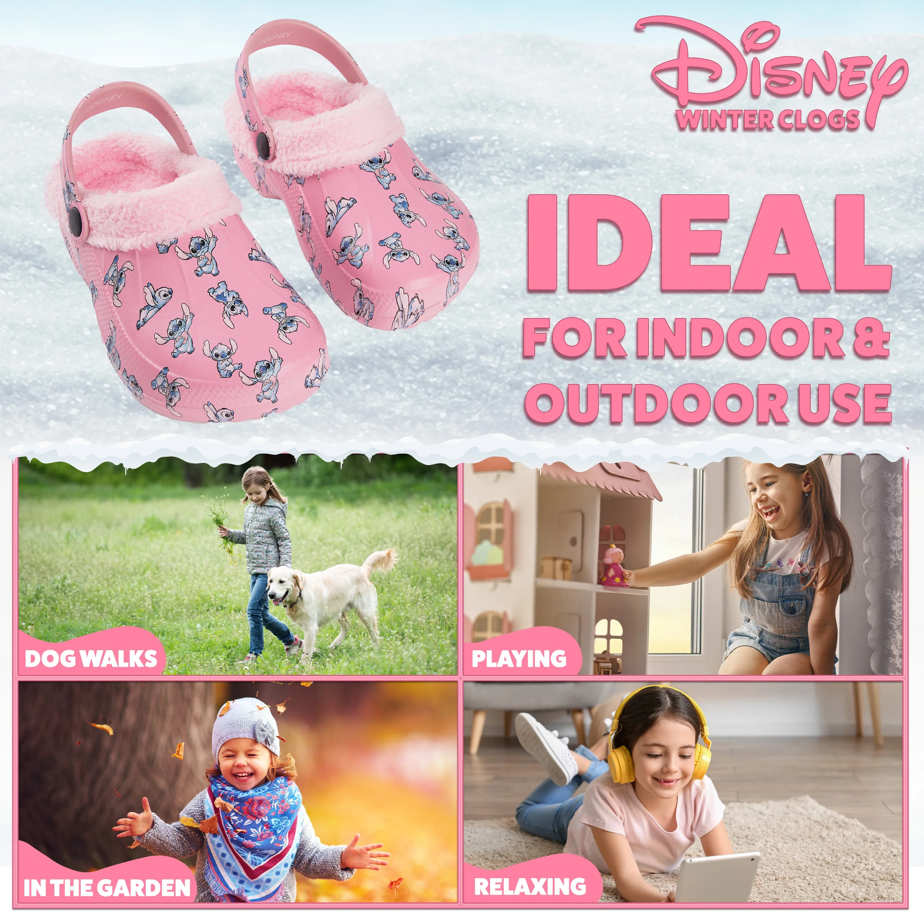 Disney Stitch Winter Clogs Fleece Lining & Removable Charms, Kids Garden Shoes Slip On