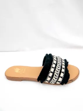 Joy Fringe Slide in Black