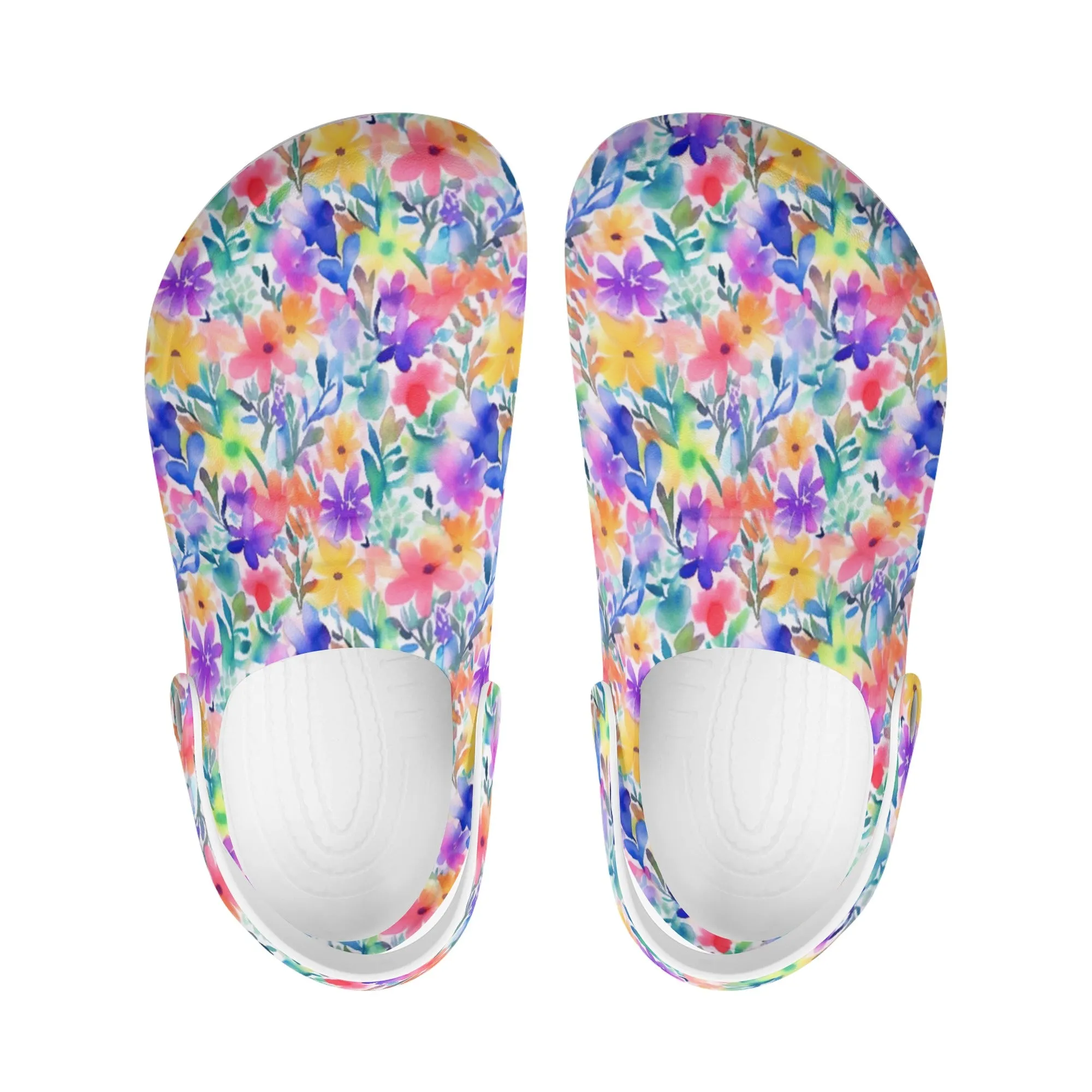 Radiant Watercolor Blooms: Bright and Vivid Floral  Design Casual Lightweight Slip On Nurse Style Clogs