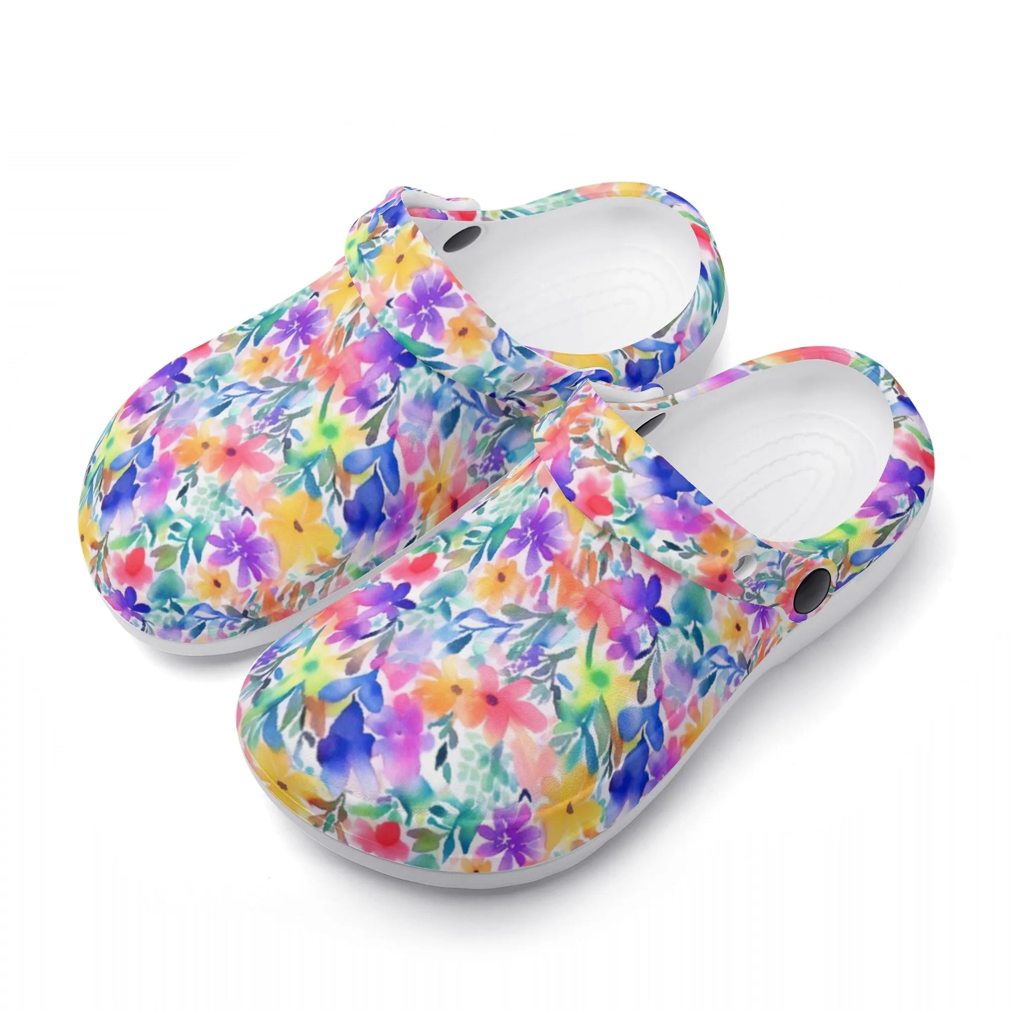 Radiant Watercolor Blooms: Bright and Vivid Floral  Design Casual Lightweight Slip On Nurse Style Clogs