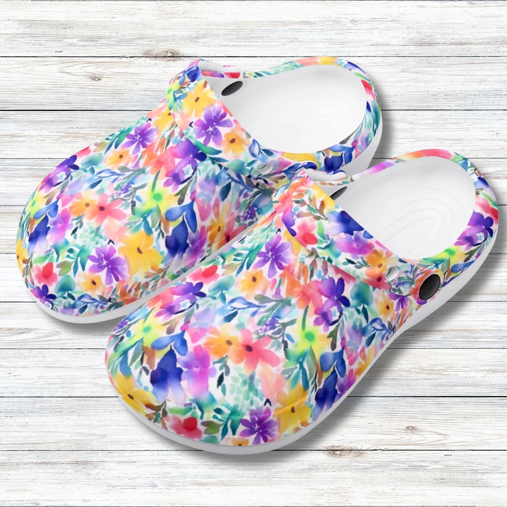 Radiant Watercolor Blooms: Bright and Vivid Floral  Design Casual Lightweight Slip On Nurse Style Clogs