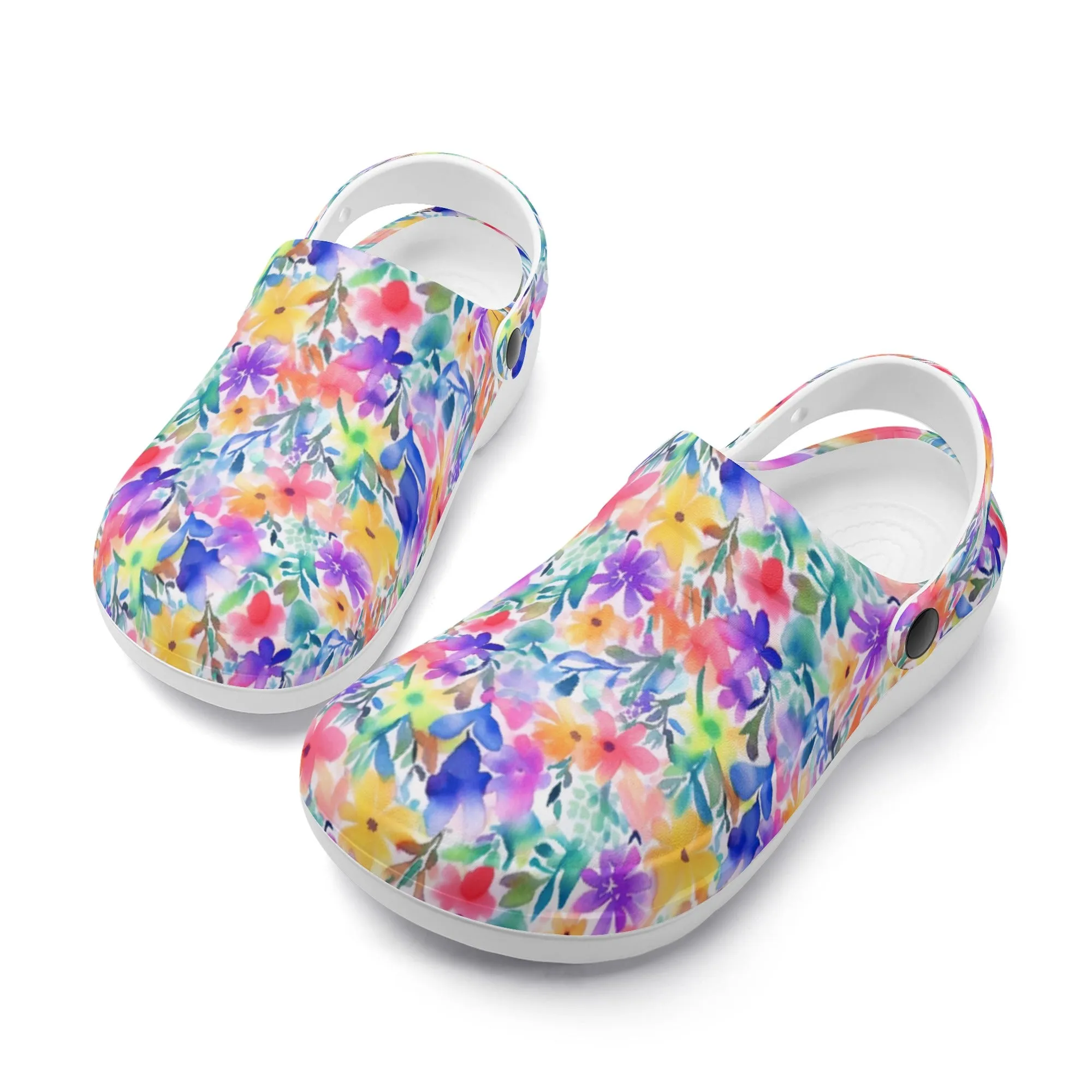 Radiant Watercolor Blooms: Bright and Vivid Floral  Design Casual Lightweight Slip On Nurse Style Clogs