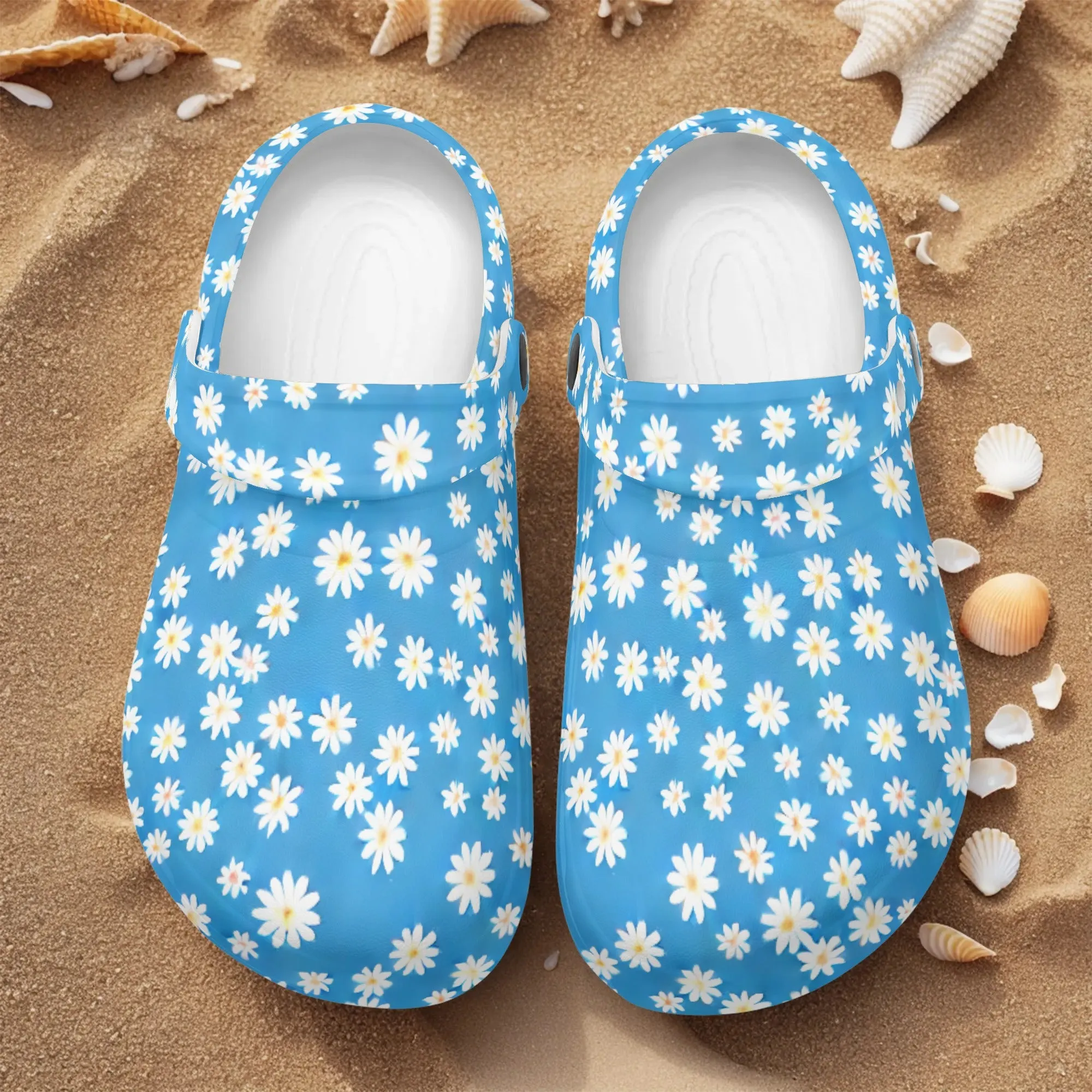 Skys Whisper: Tiny White Daisies on a Serene Blue Casual Lightweight Slip On Nurse Style Clogs