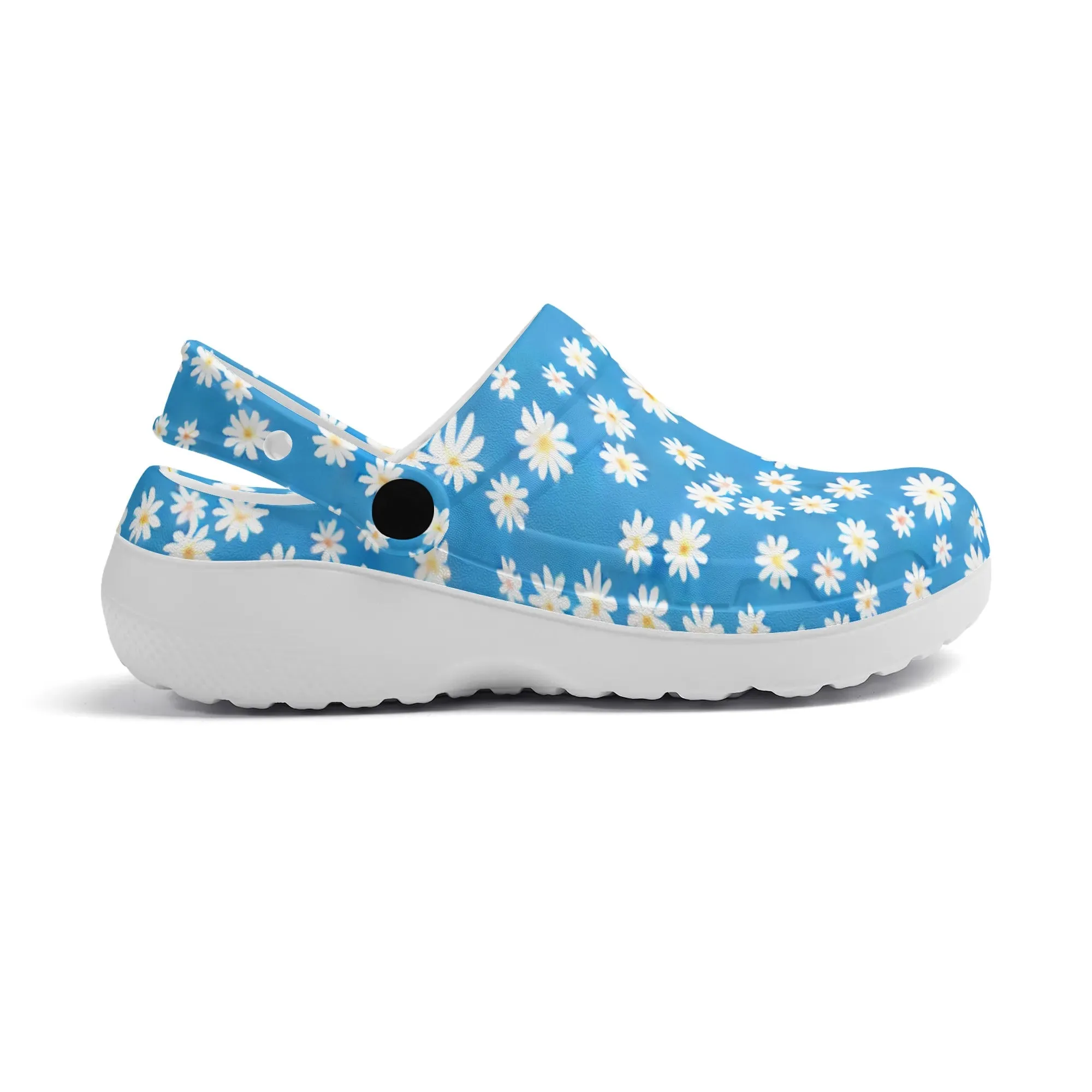 Skys Whisper: Tiny White Daisies on a Serene Blue Casual Lightweight Slip On Nurse Style Clogs
