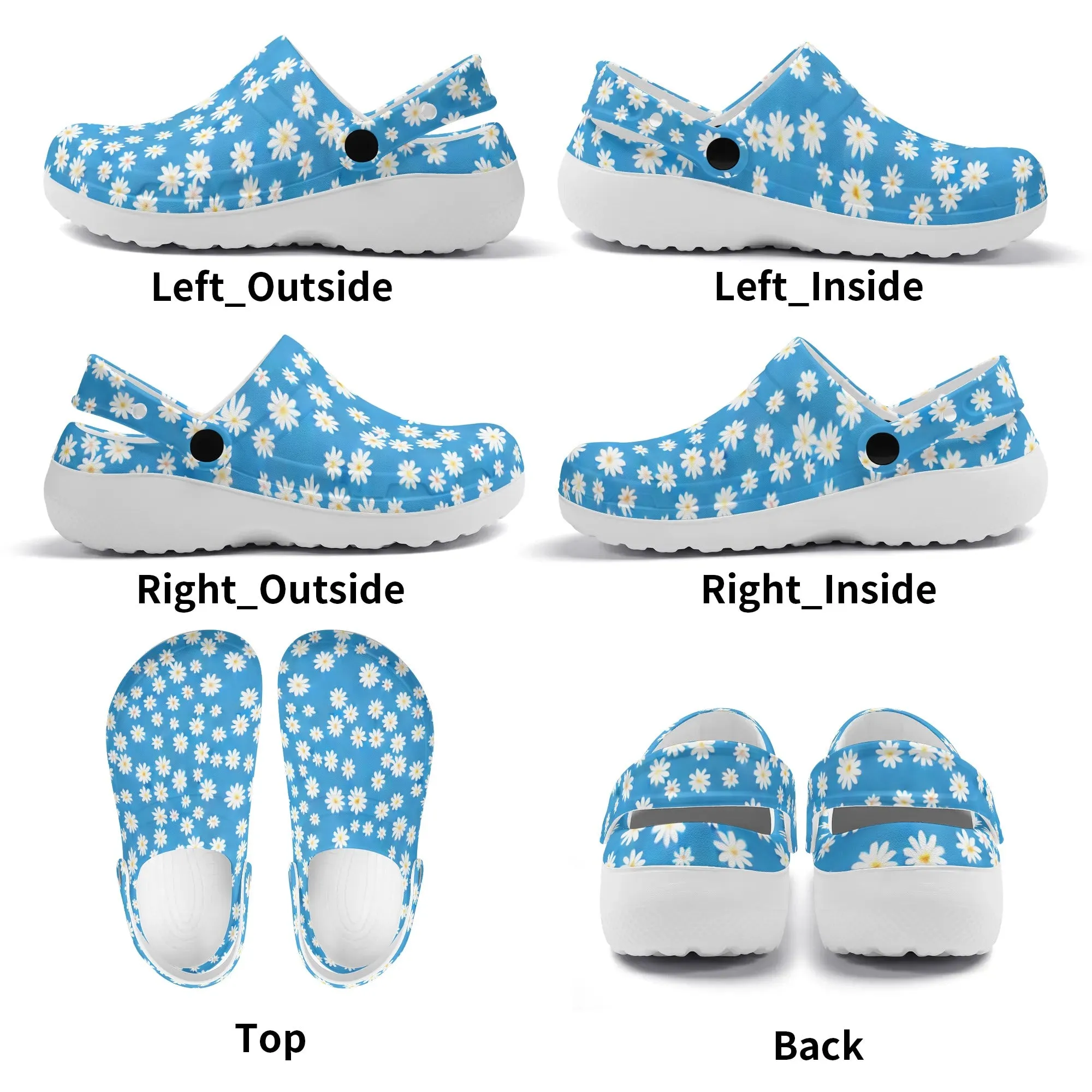 Skys Whisper: Tiny White Daisies on a Serene Blue Casual Lightweight Slip On Nurse Style Clogs