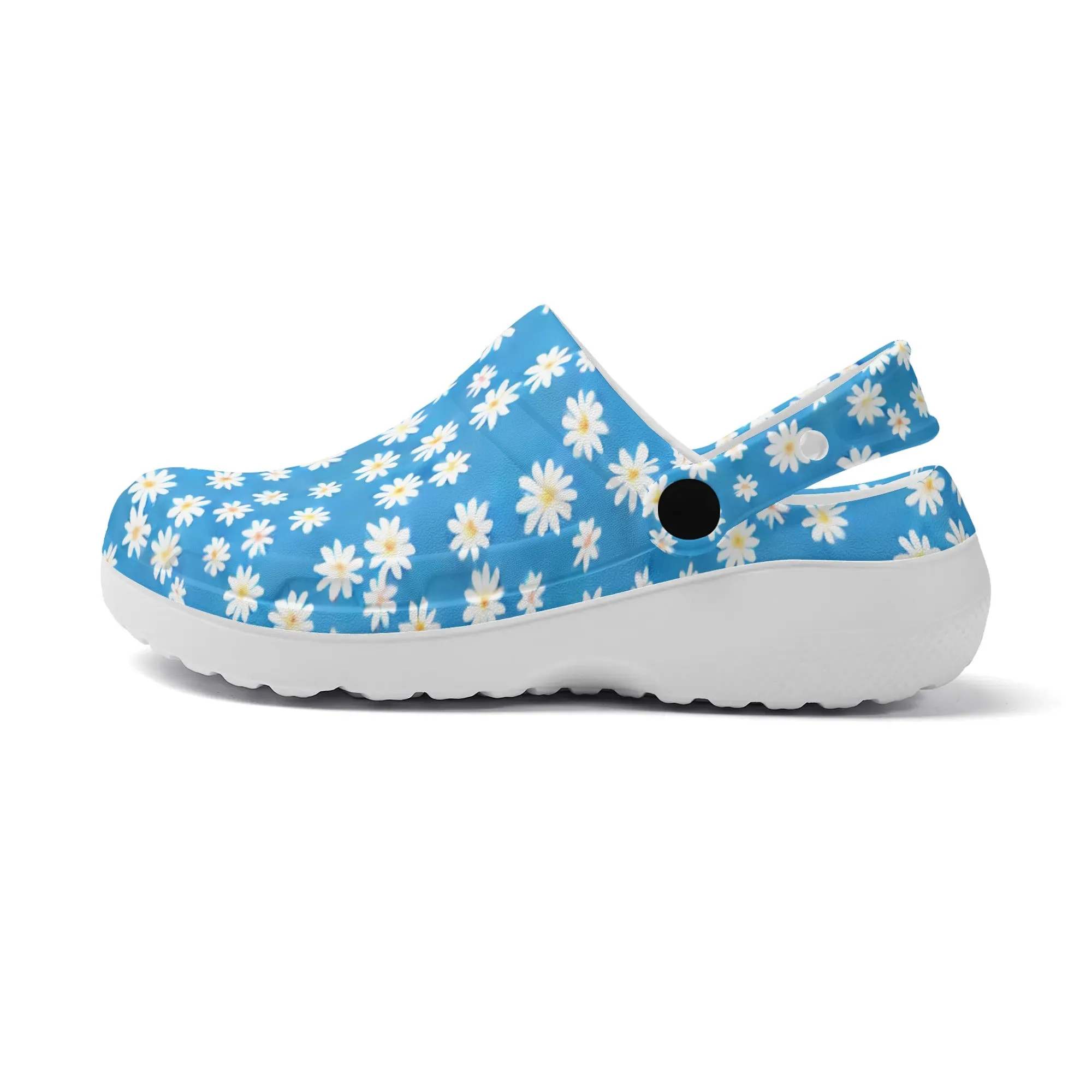 Skys Whisper: Tiny White Daisies on a Serene Blue Casual Lightweight Slip On Nurse Style Clogs