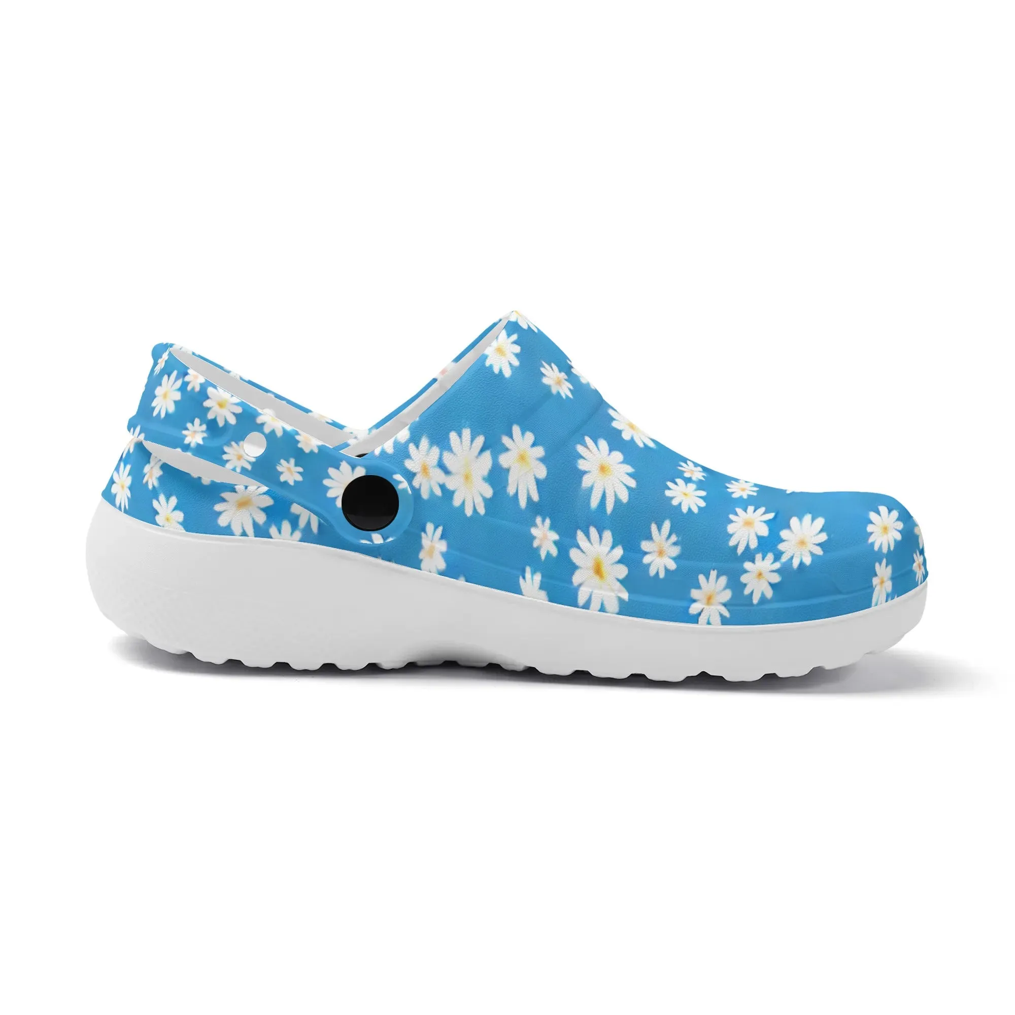 Skys Whisper: Tiny White Daisies on a Serene Blue Casual Lightweight Slip On Nurse Style Clogs