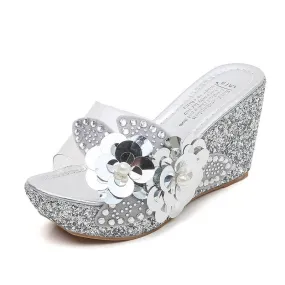 Women's rhinestone flower décor wedge slides