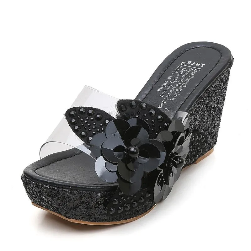 Women's rhinestone flower décor wedge slides